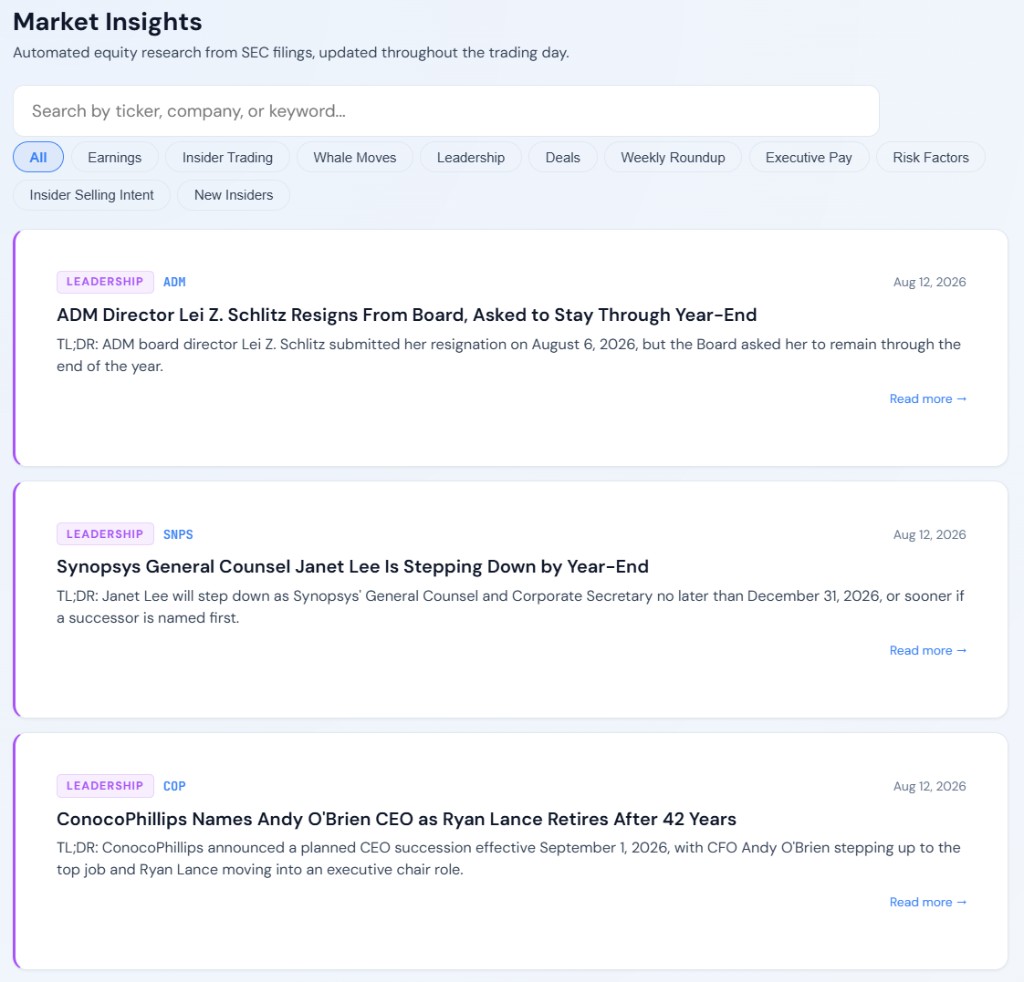 Investabot's Market Insights feed showing automated research articles generated from SEC filings